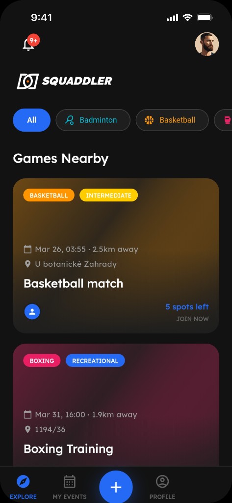 Squaddler explore screen showing nearby games