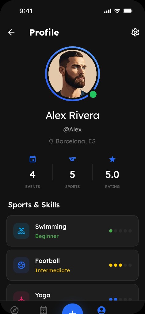 Squaddler profile screen showing sports and skill levels