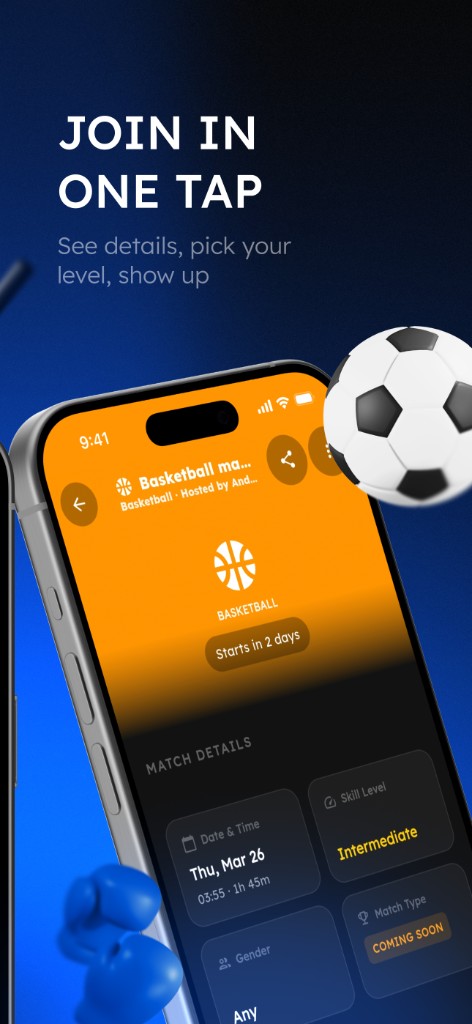 Squaddler match details screen for joining a game in one tap